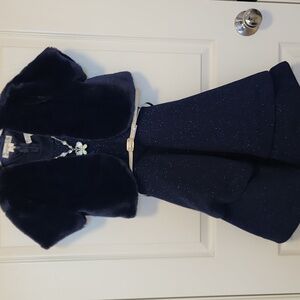 Knitworks Girls Navy Dress with Faux Fur Shrug & Accessories Size 12